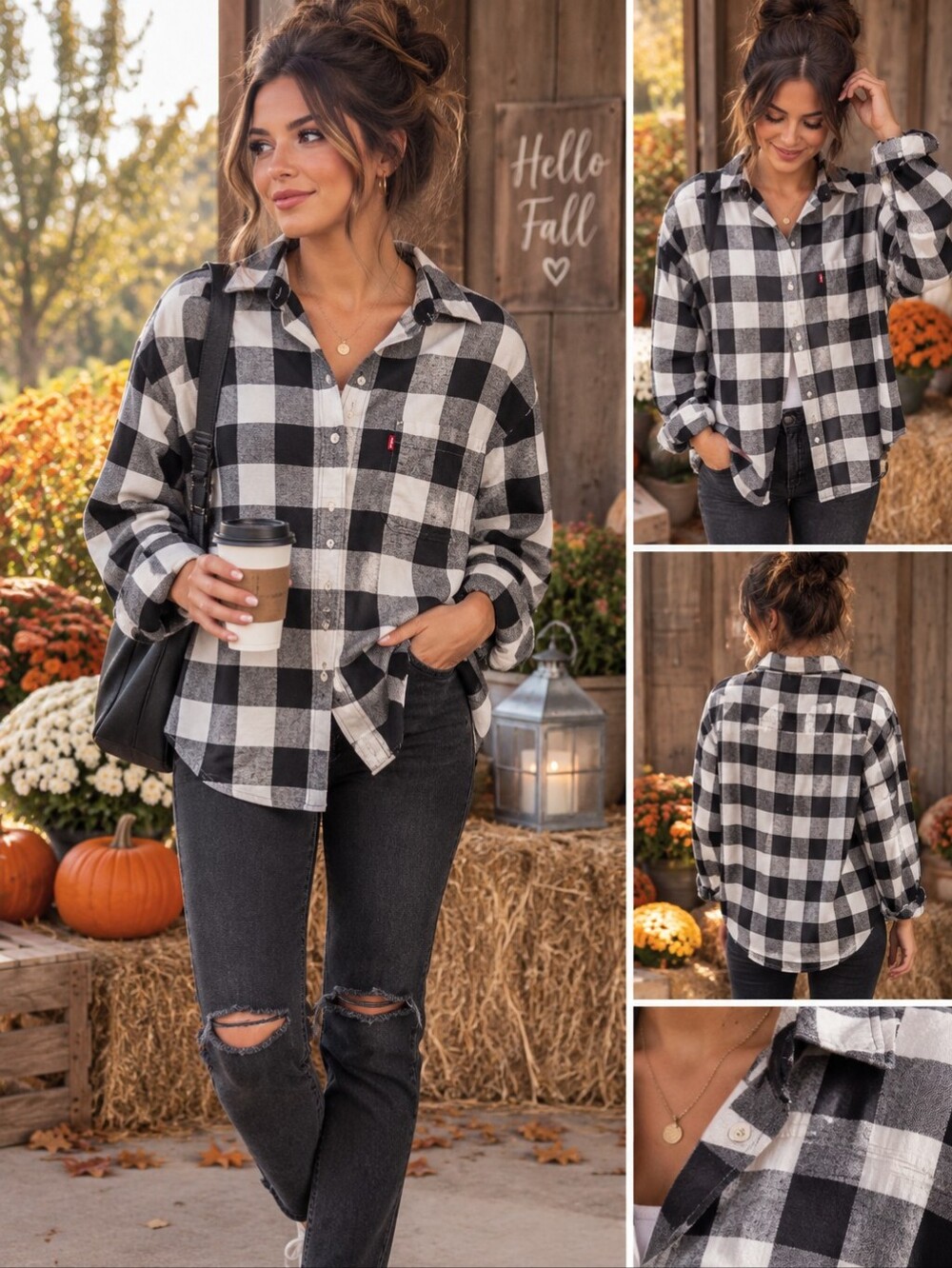 Levi's Black & White Oversized Checkered Button Up Flannel Top Size XS